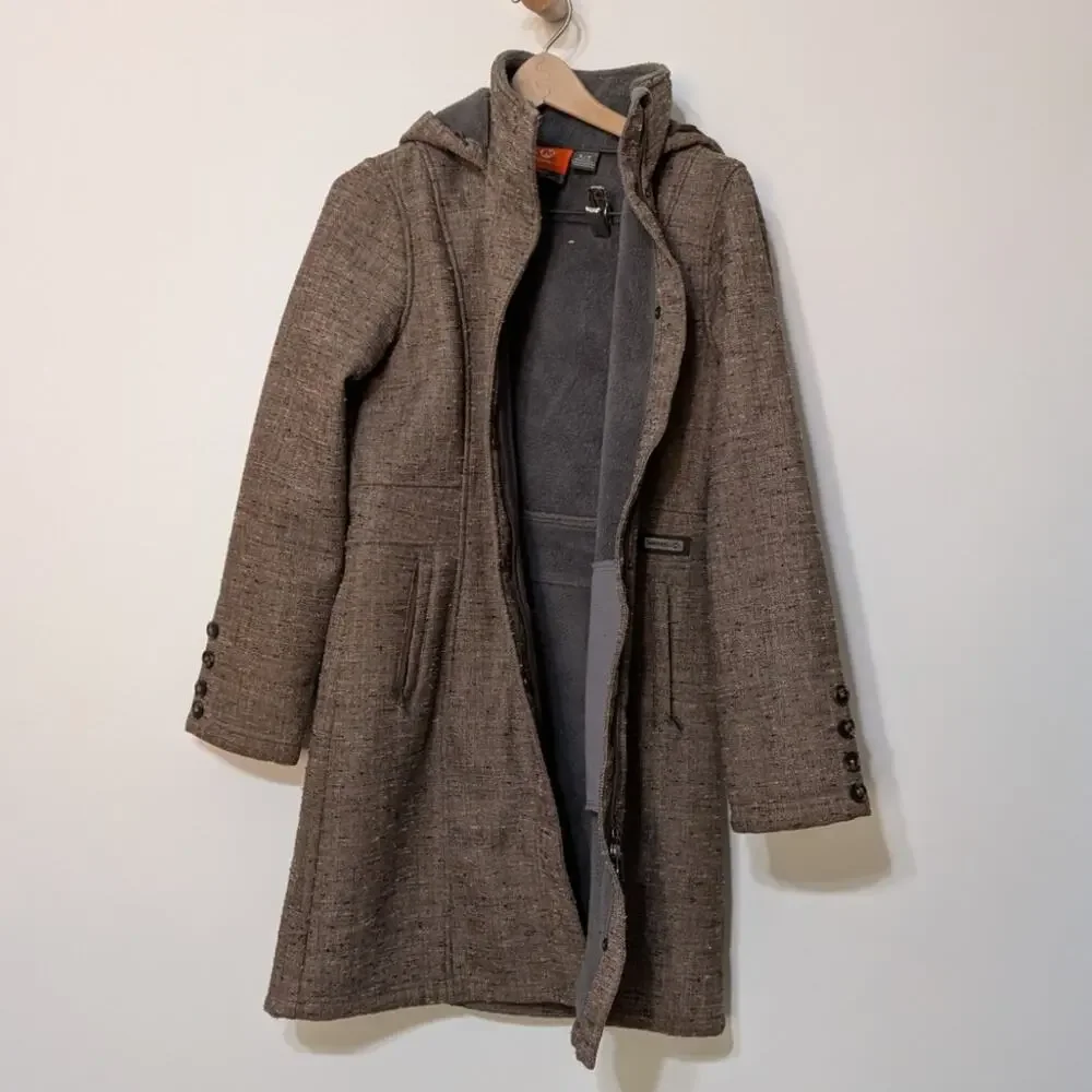 Merrell Geraldine Fleece Lined Coat Brown Tweed Hooded Long Jacket Small - Picture 4 of 7